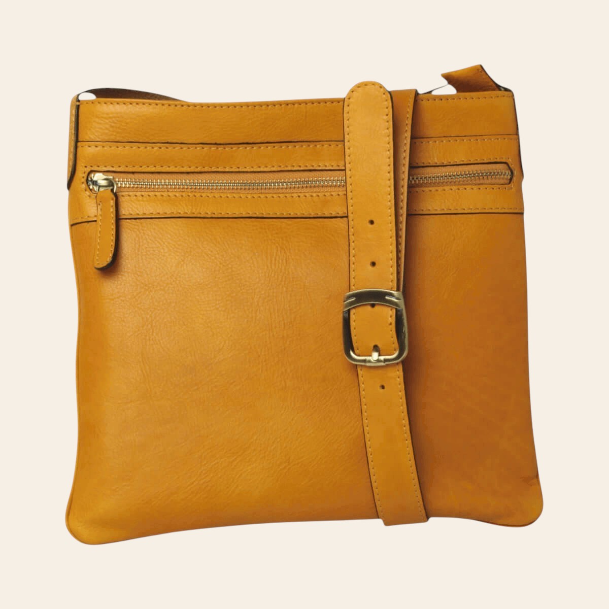 Borsa a tracolla in pelle giallo ocra con cinghia regolabile e zip frontale