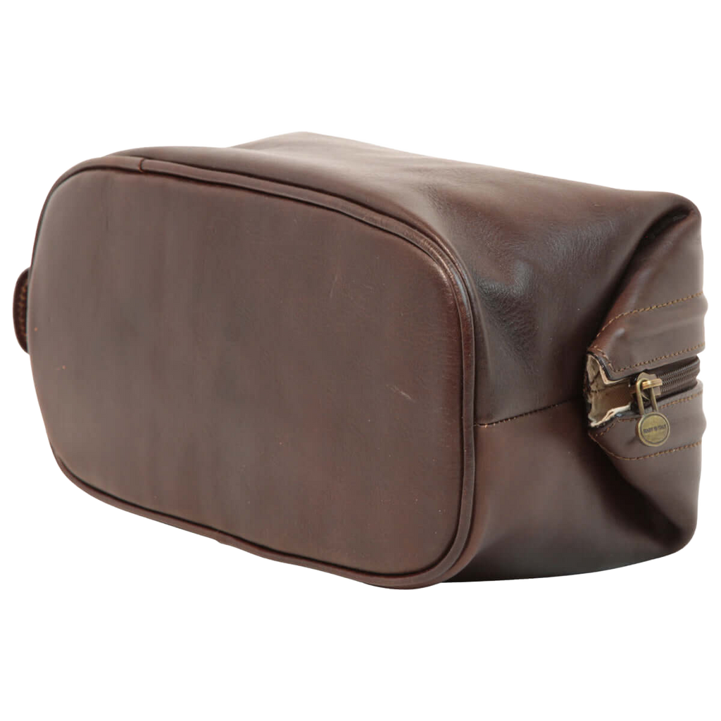 Astuccio beauty in pelle marrone scuro, angolo arrotondato e zip frontale