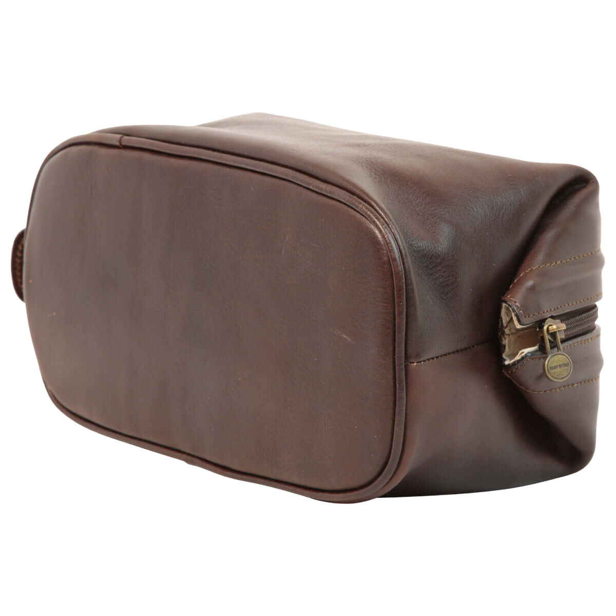 Astuccio beauty in pelle marrone scuro, angolo arrotondato e zip frontale