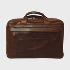 Borsa laptop in pelle marrone con fascia frontale e tasca con zip