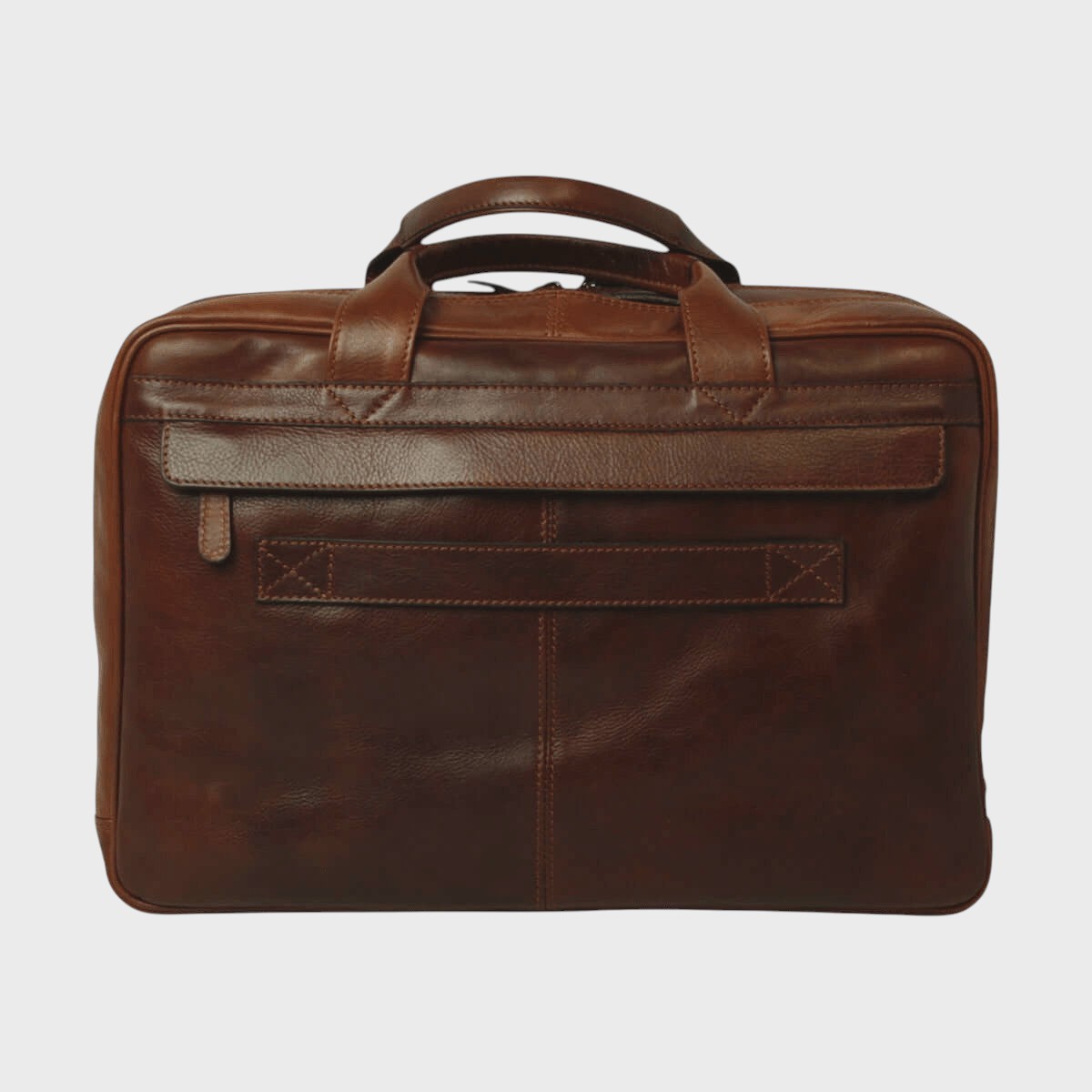 Borsa laptop in pelle marrone con fascia frontale e tasca con zip