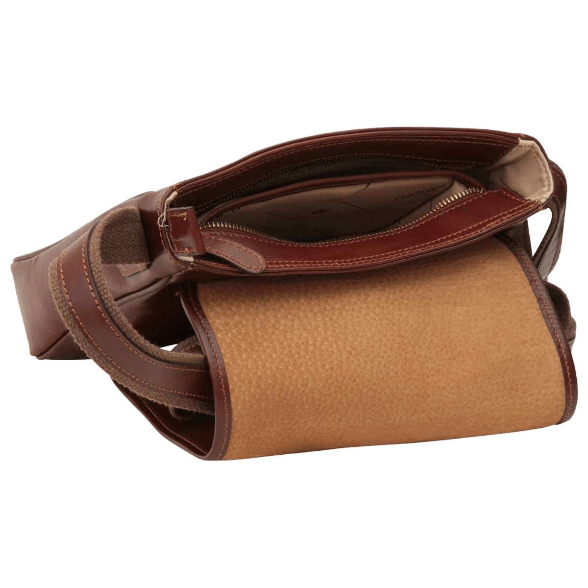 Borsa messenger marrone aperta: interno foderato e bordo con fibbia.