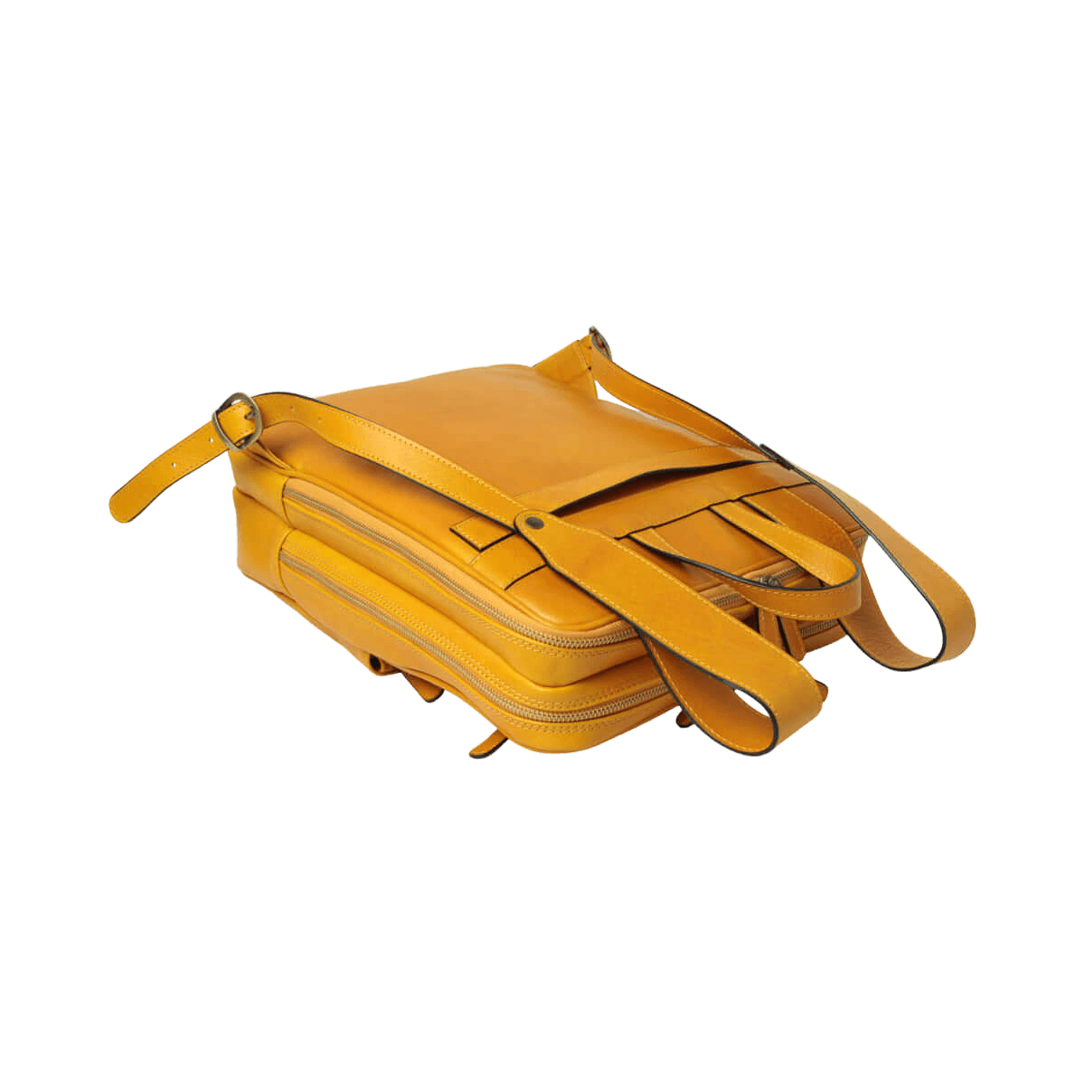 Zaino in pelle giallo ocra con apertura e scomparti interni