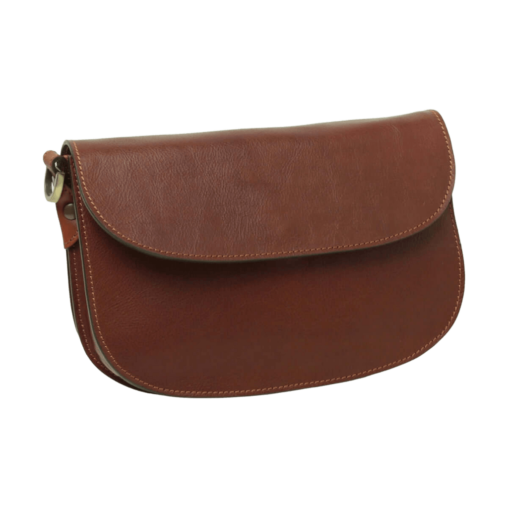 Borsa a tracolla mogano in vitello pieno fiore, patta con chiusura a scatto