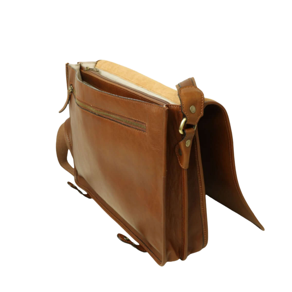 Borsa messenger castagna con fodera chiara, tasca anteriore e cinturino laterale