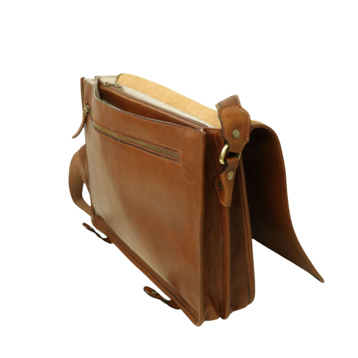 Borsa messenger castagna con fodera chiara, tasca anteriore e cinturino laterale