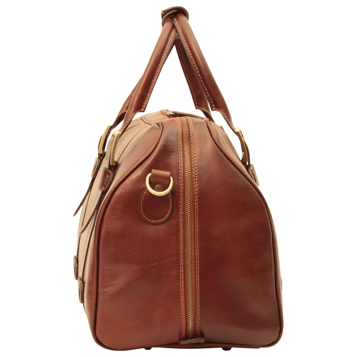 Borsone da viaggio in pelle marrone con tracolla ad anello e zip centrale