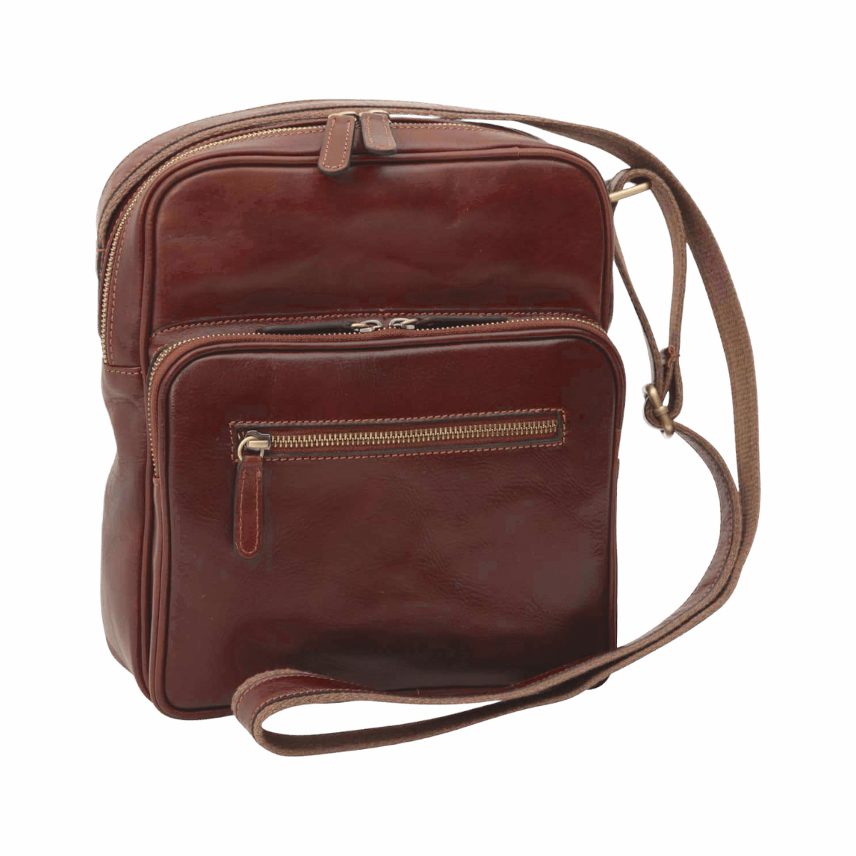 Borsa messenger in pelle marrone con chiusura zip e tracolla regolabile