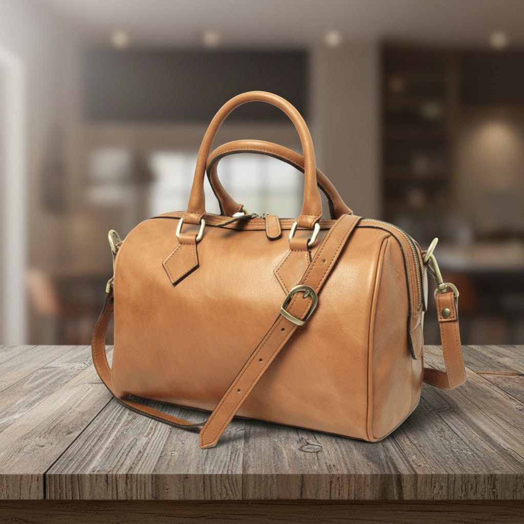 Bauletto in pelle color cuoio con due manici e tracolla lunga, fibbia frontale