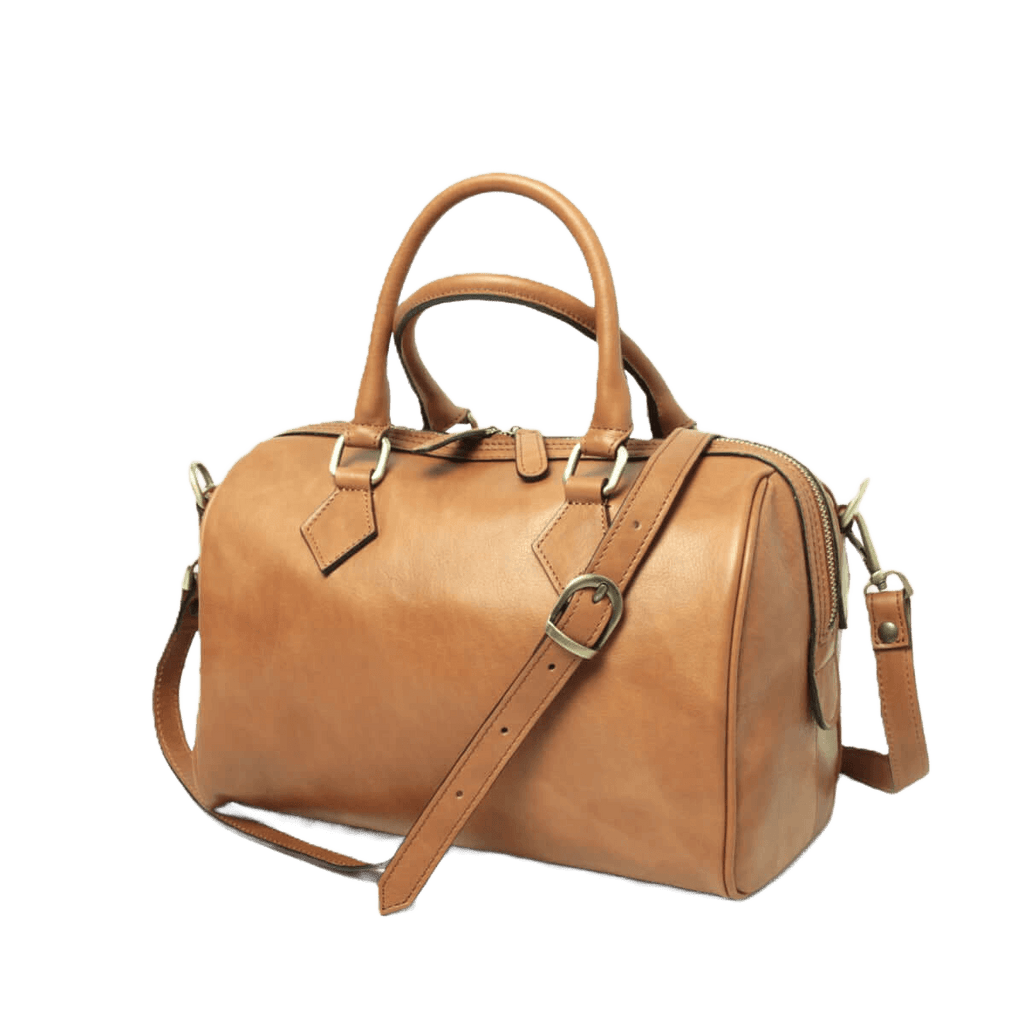 Bauletto in pelle color cuoio con due manici e tracolla