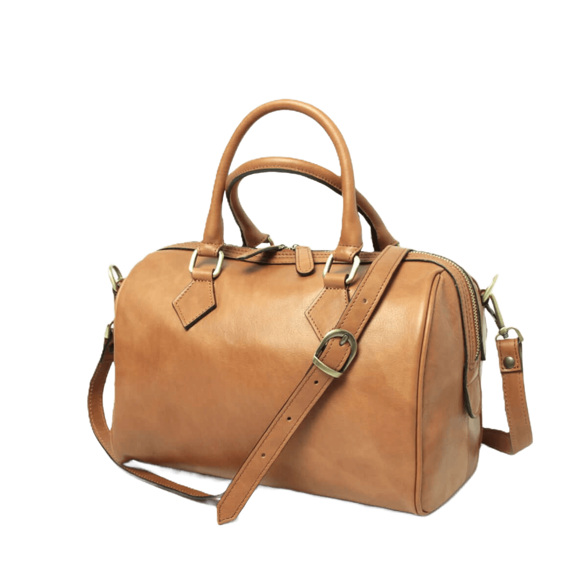 Bauletto in pelle color cuoio con due manici e tracolla