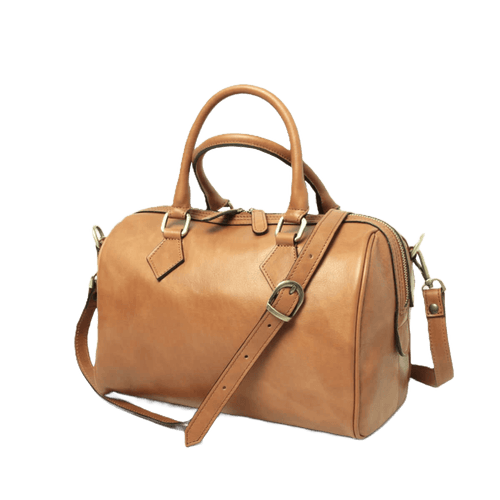 Bauletto in pelle color cuoio con due manici e tracolla