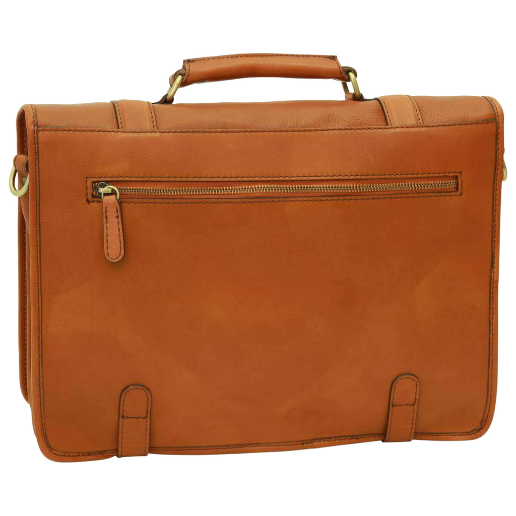 Cartella in pelle color cuoio con zip superiore e fibbie inferiori