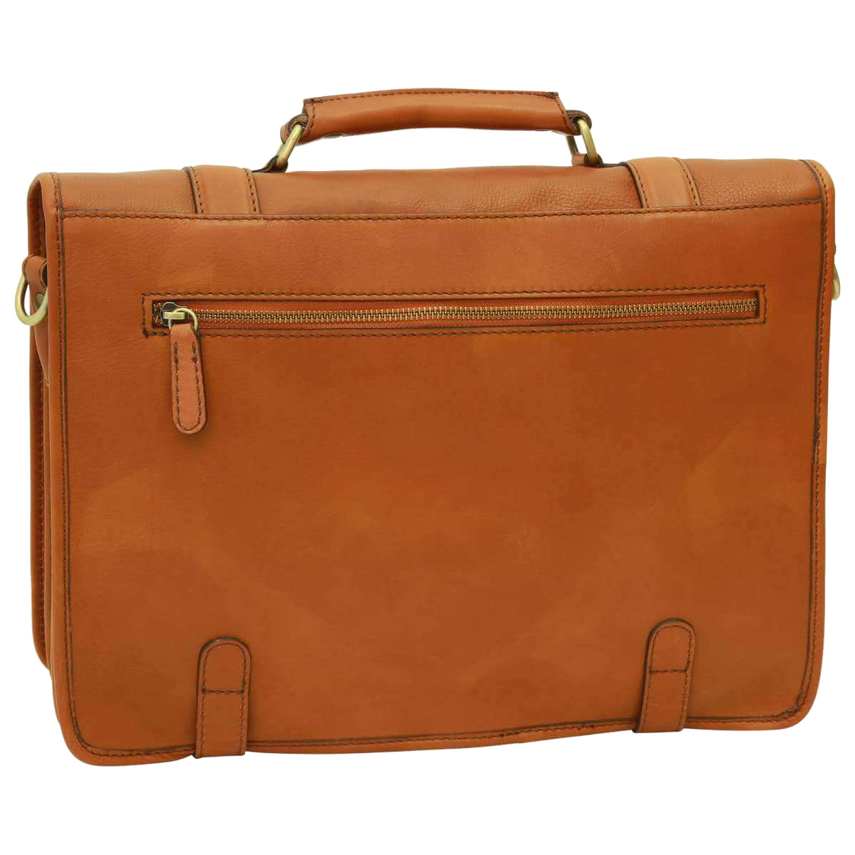 Cartella in pelle color cuoio con zip superiore e fibbie inferiori