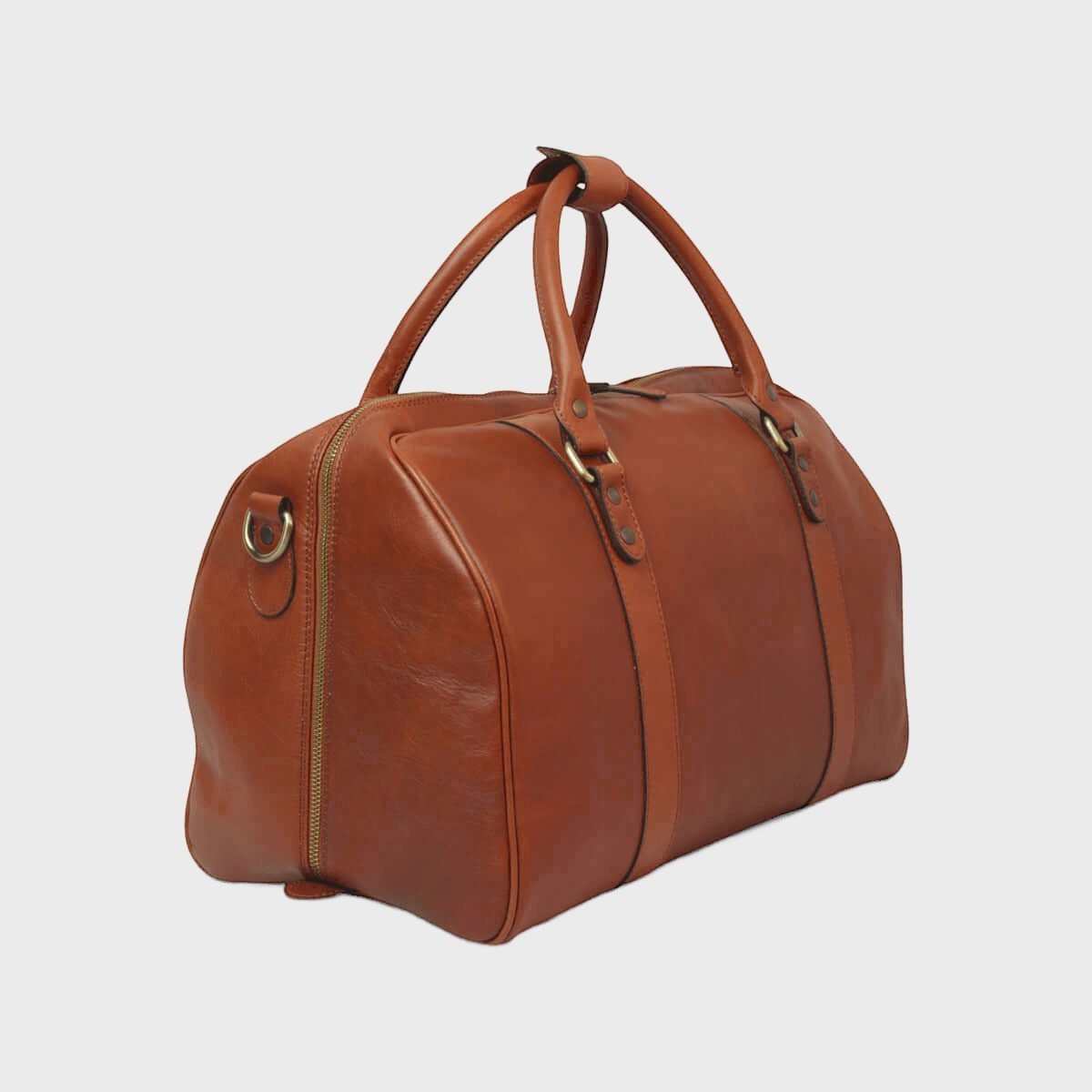 Borsa da viaggio in pelle pieno fiore cuoio con tasca frontale e dettagli in metallo.