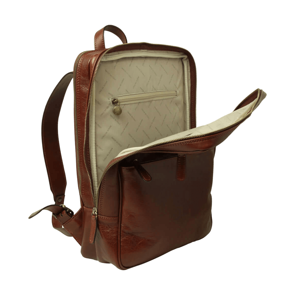 Brown full-grain calfskin backpack, with top handle and central zip