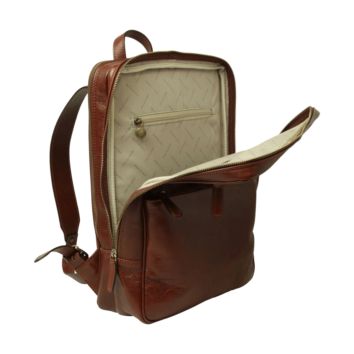 Brown full-grain calfskin backpack, with top handle and central zip