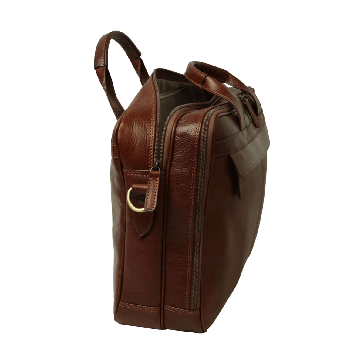 Borsa per laptop in pelle marrone vista laterale con tracolla e fibbia frontale.