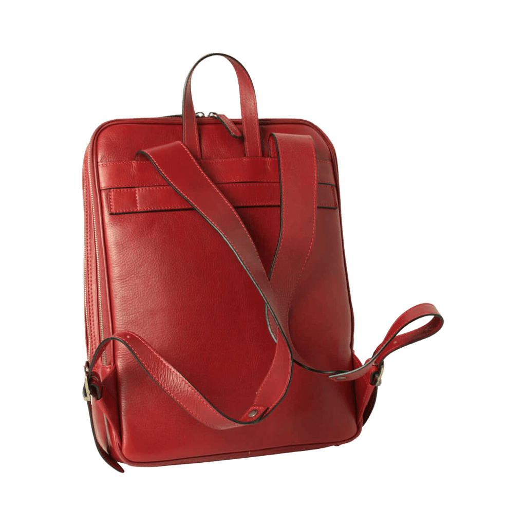 Zaino in pelle rosso con spallacci regolabili e manici superiori