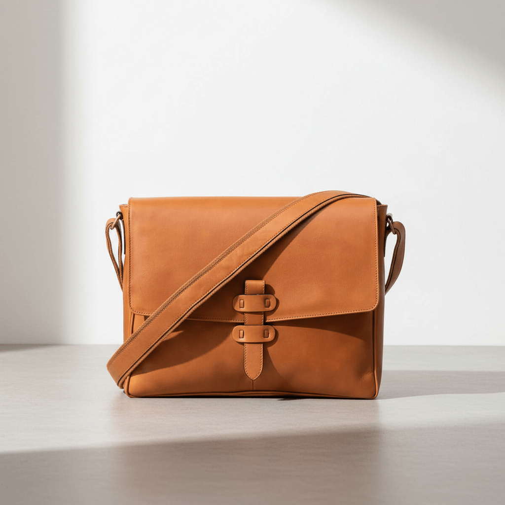 Borsa messenger in pelle marrone coloniale con tracolla a spalla e patta frontale