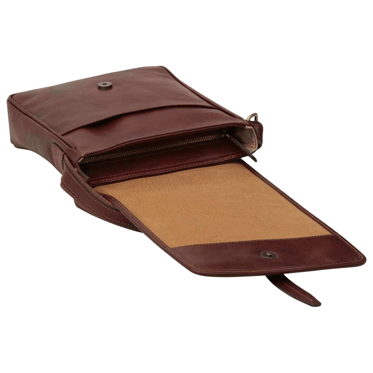 Borsa marrone con patta aperta e chiusura magnetica, apertura a zip e fodera.