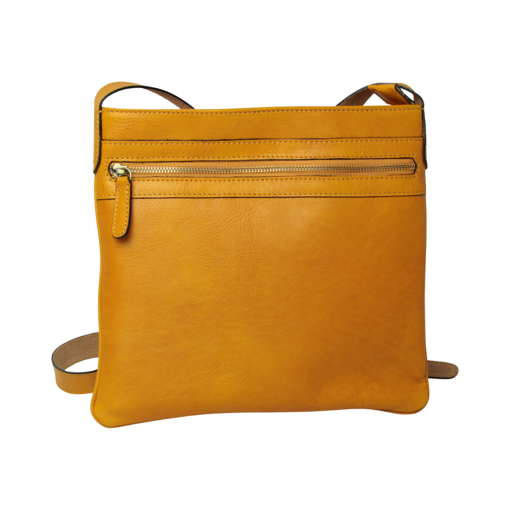Borsa a tracolla giallo ocra in pelle con zip frontale e tracolla