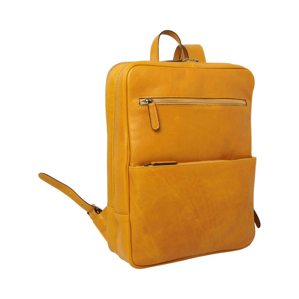Zaino in pelle giallo ocra con tasca frontale e chiusura con zip