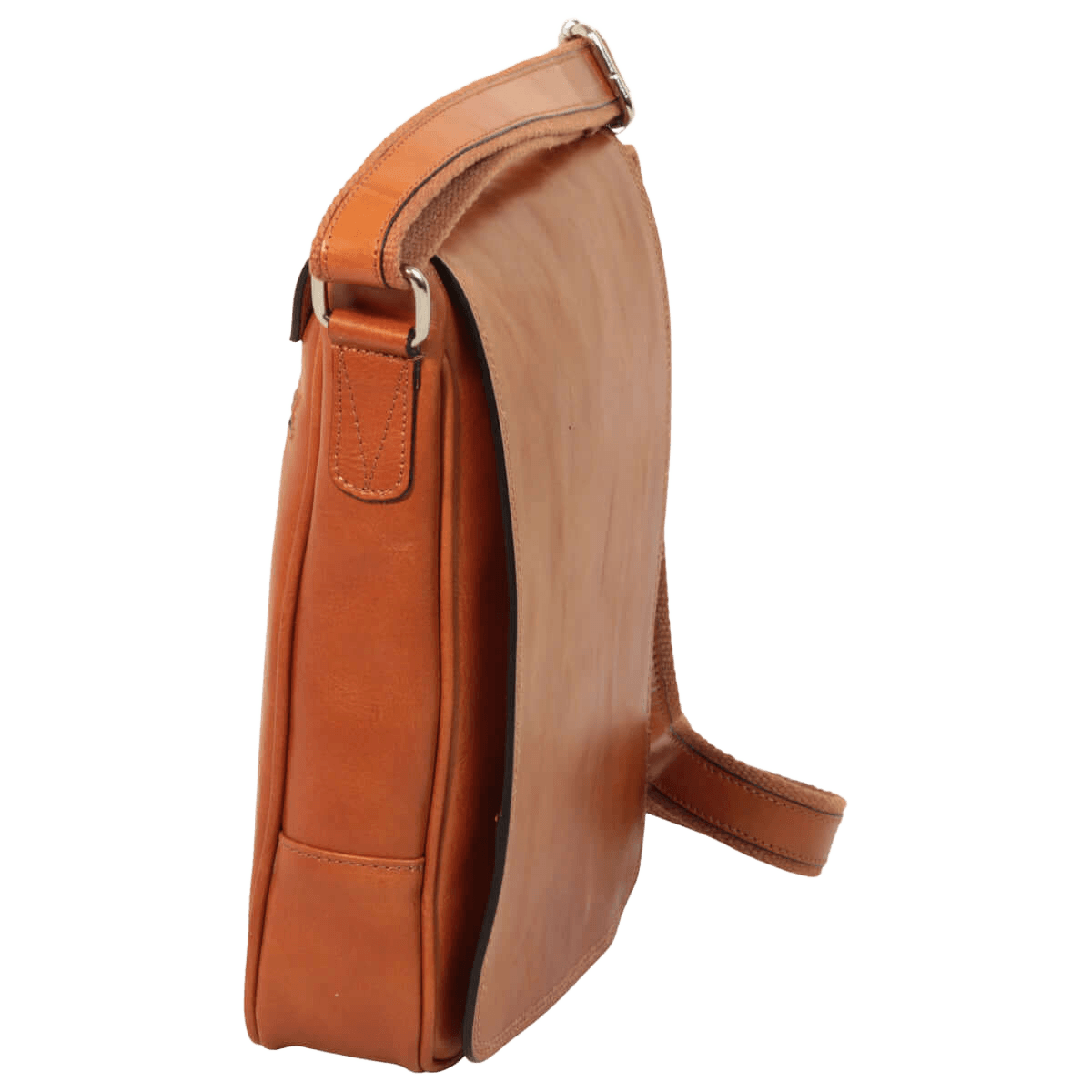 Borsa in pelle marrone per iPad vista laterale, tracolla e tasca frontale.