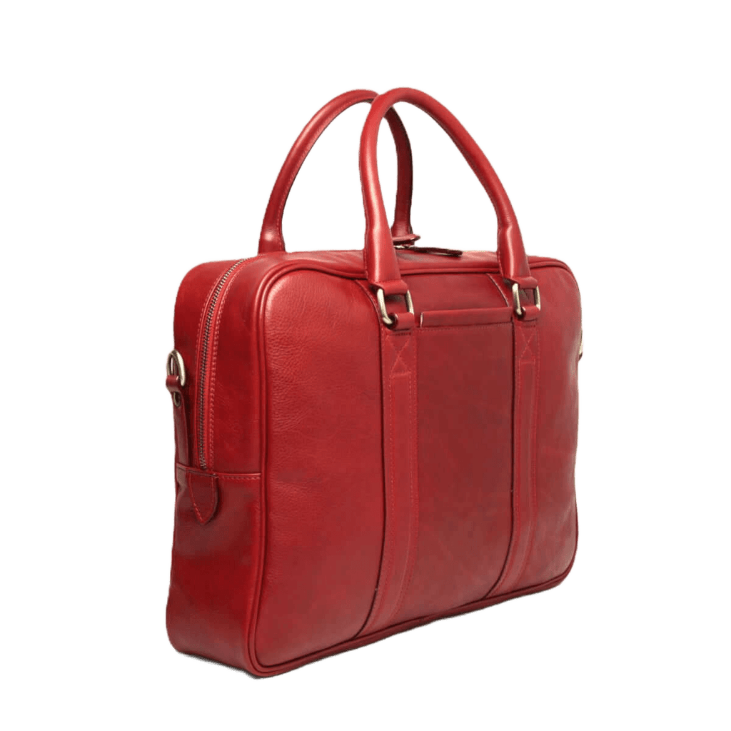Borsa in pelle rossa con due manici, scomparti frontali e zip