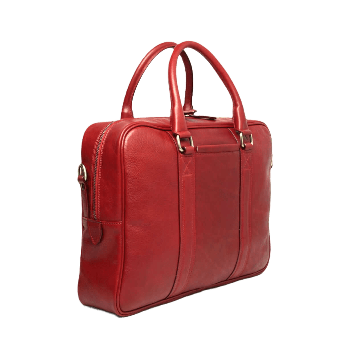 Borsa in pelle rossa con due manici, scomparti frontali e zip