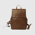 Zaino in pelle marrone per laptop con tasca frontale e fascia trolley.