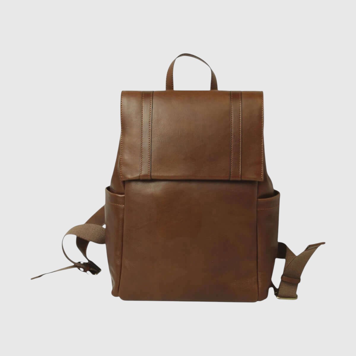 Zaino in pelle marrone per laptop con tasca frontale e fascia trolley.