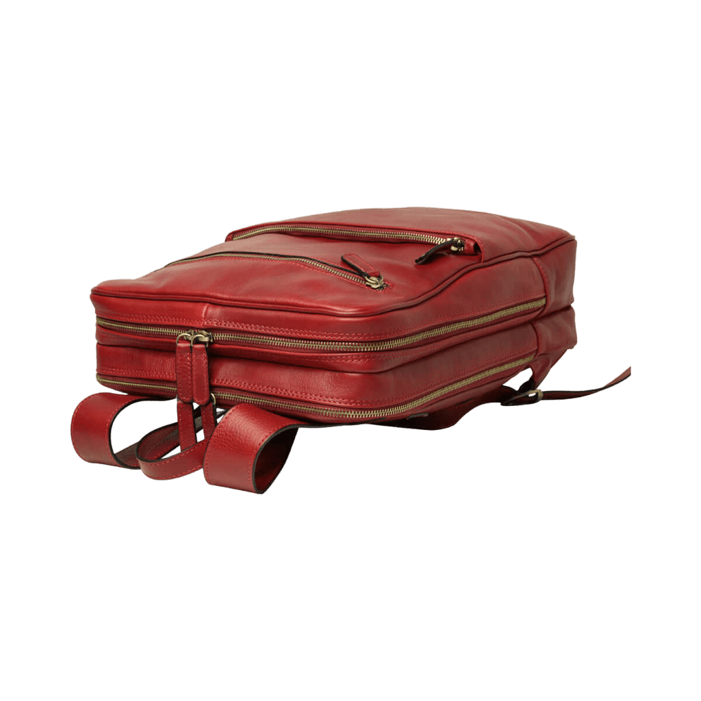 Zaino in pelle rosso con cerniere frontali e fascia per trolley