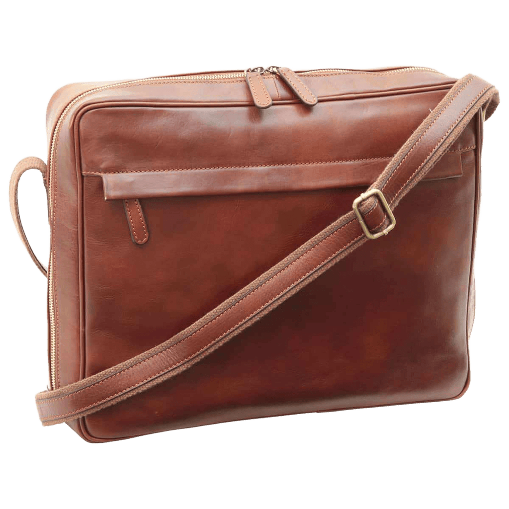 Borsa messenger in pelle marrone con tracolla regolabile e chiusura a zip
