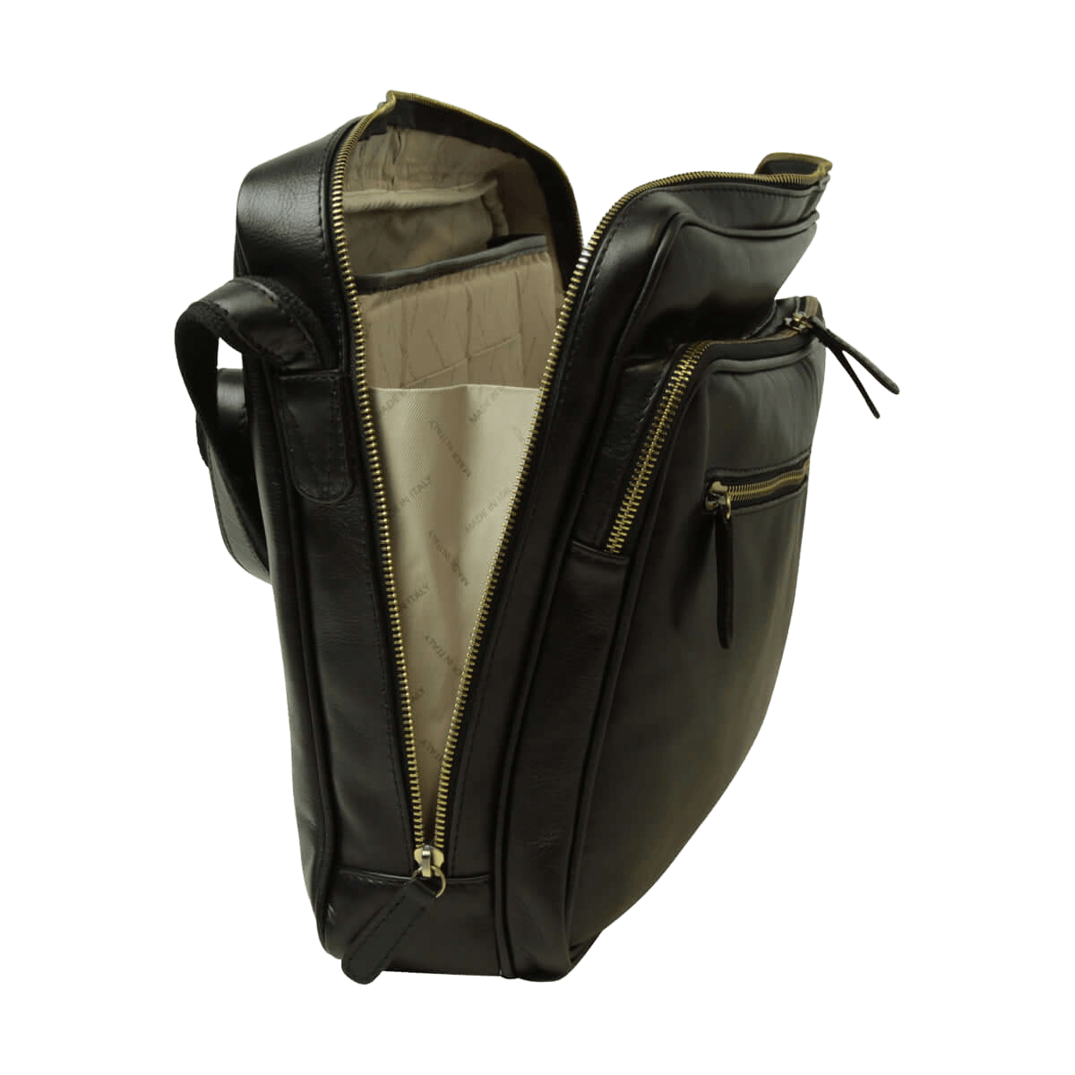 Borsa messenger in pelle nera con interno chiaro e doppia tasca a zip.