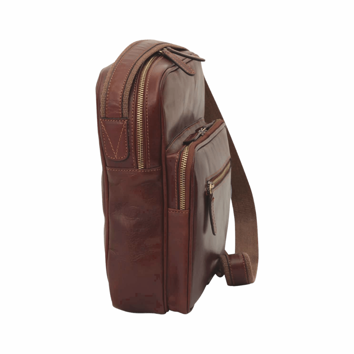 Borsa messenger in pelle marrone con tasche laterali e zip, tracolla