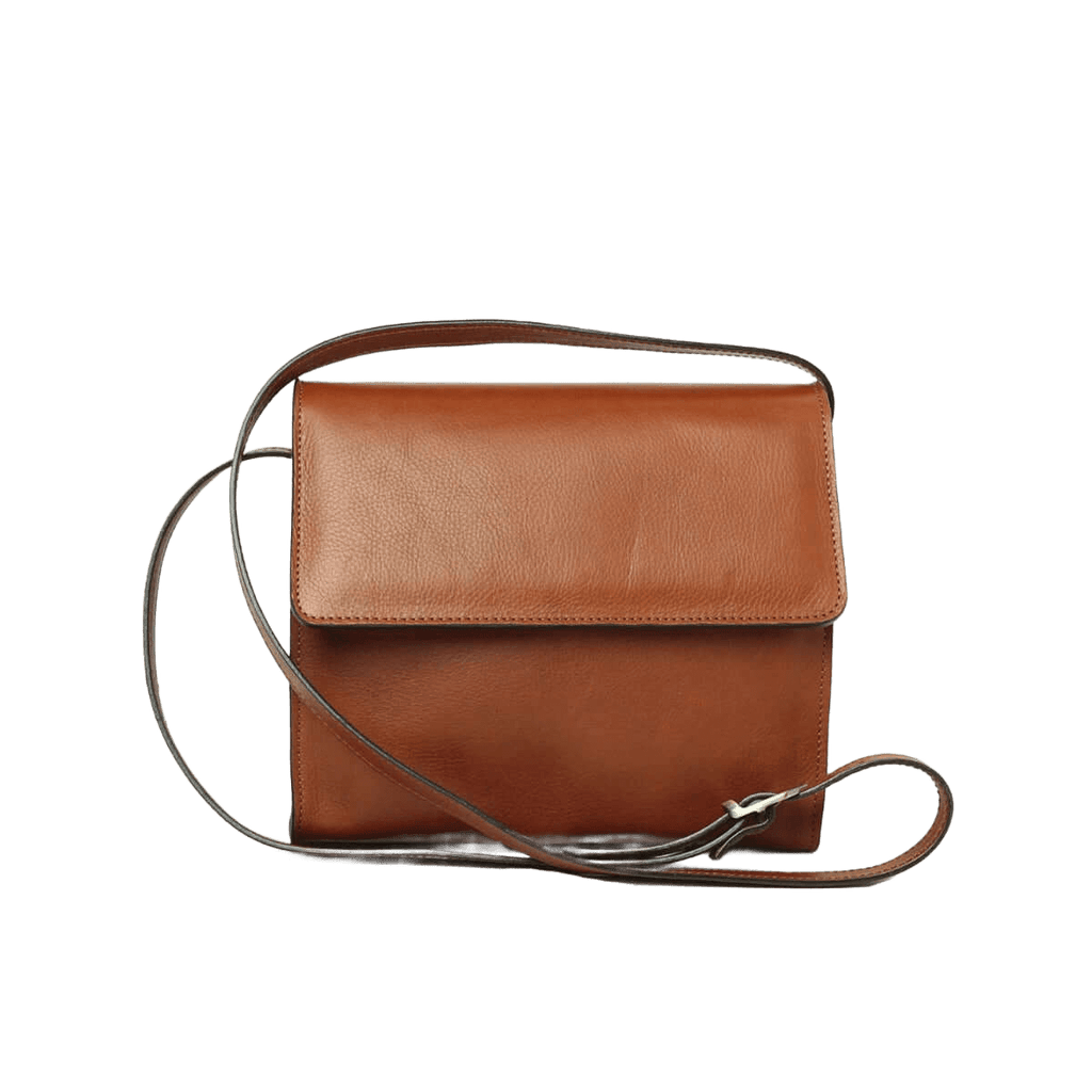 Borsa a tracolla in pelle cuoio con patta e tracolla sottile