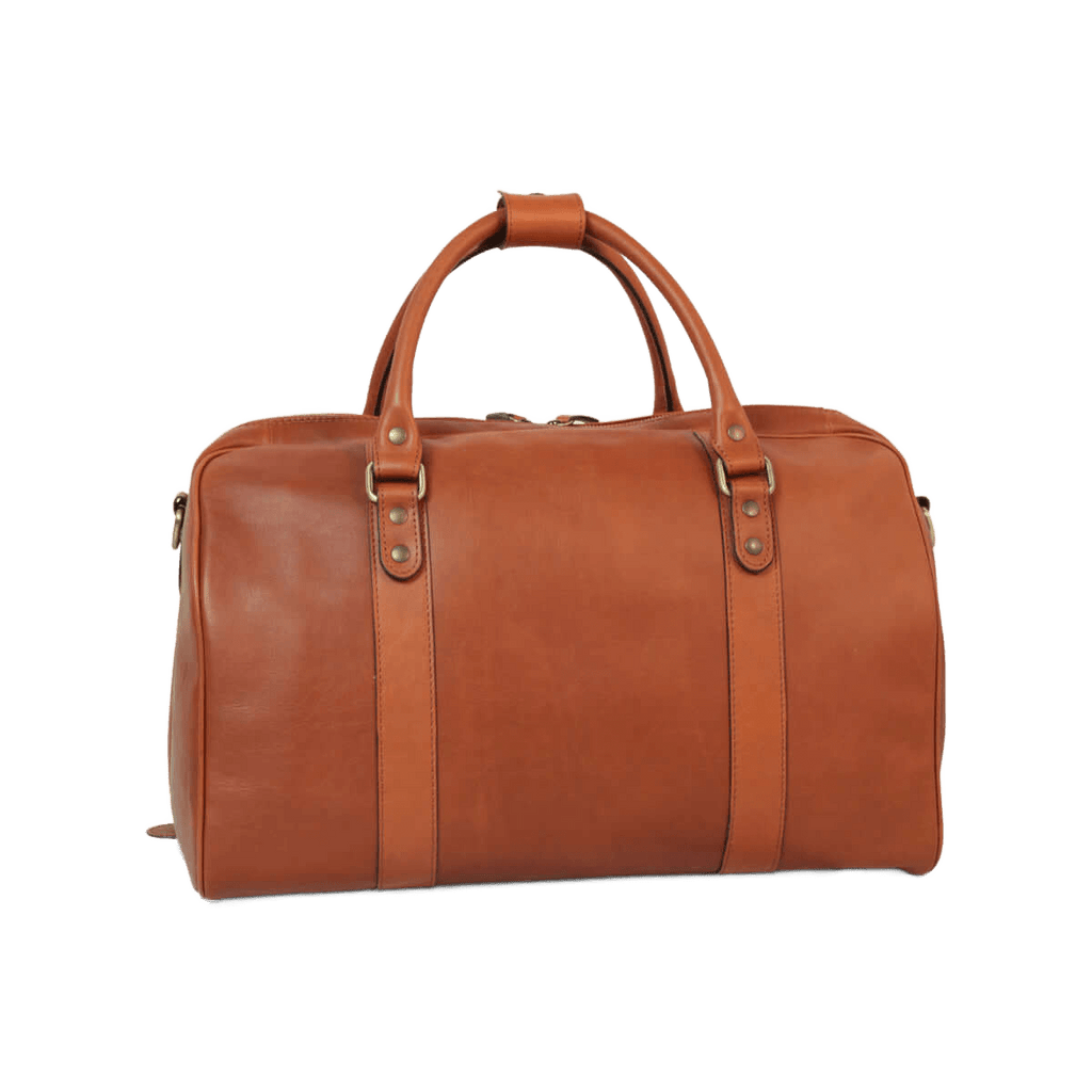 Borsa da viaggio in pelle pieno fiore color cuoio, con manici e cinturini.