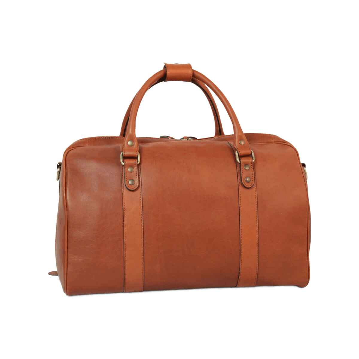 Borsa da viaggio in pelle pieno fiore color cuoio, con manici e cinturini.