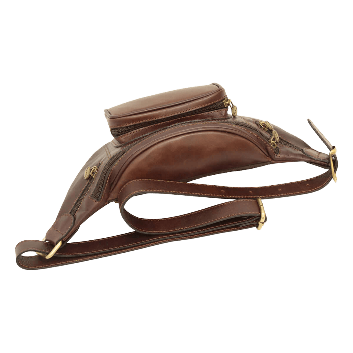 Marsupio in pelle marrone con tracolla e pattina frontale con fibbie