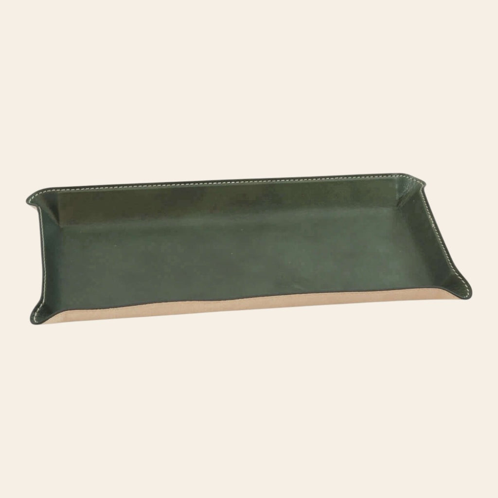 Vassoio da scrivania in pelle verde con bordo cucito, vista frontale