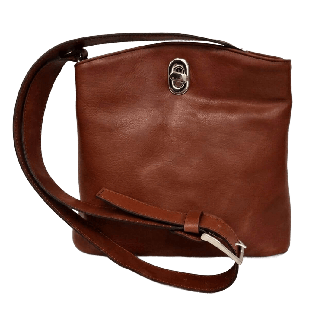 Borsa a secchiello in pelle marrone con fibbia metallica e tracolla