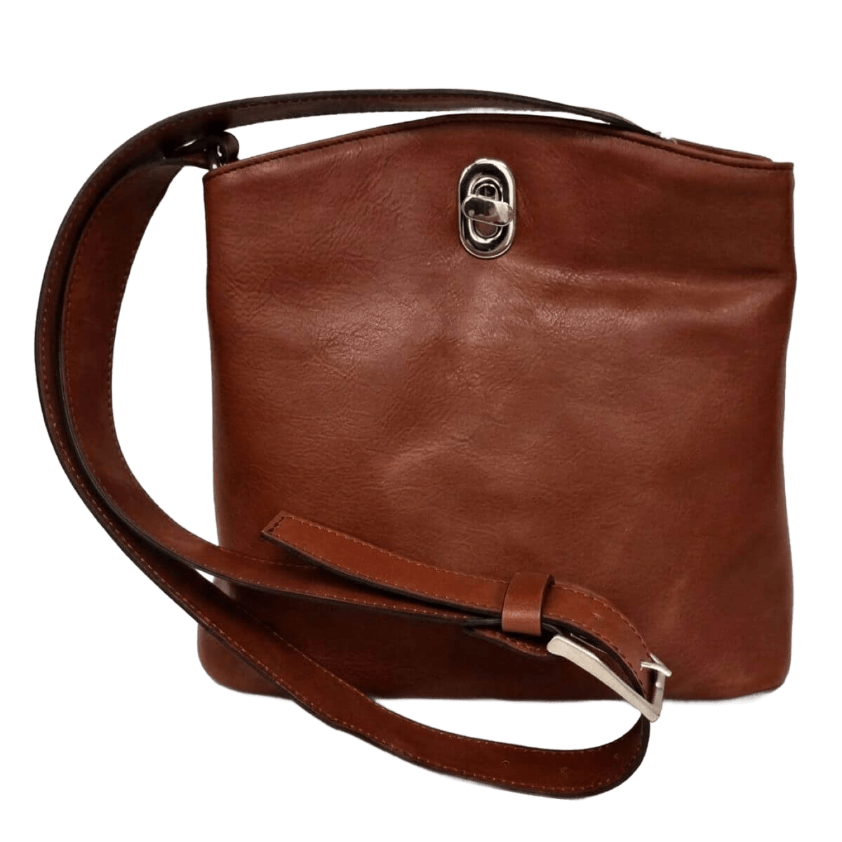 Borsa a secchiello in pelle marrone con fibbia metallica e tracolla