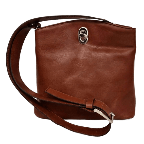 Borsa a secchiello in pelle marrone con fibbia metallica e tracolla