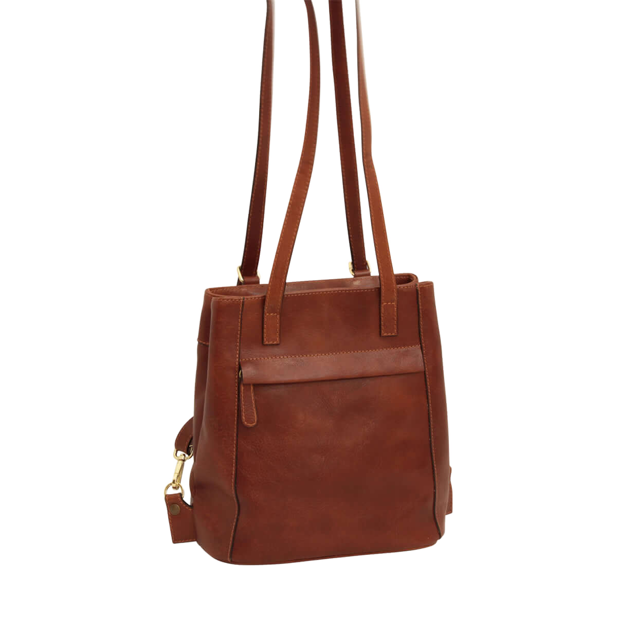 Zaino in pelle marrone con tracolle verticali e fibbie laterali
