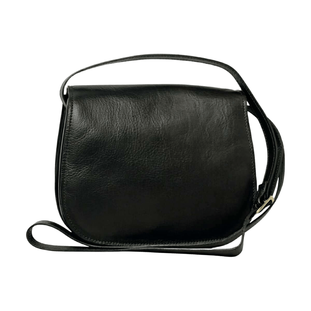 Borsa a tracolla nera in pelle con patta e tracolla regolabile