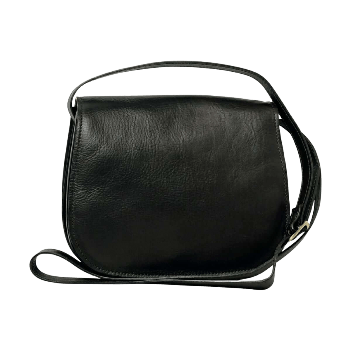 Borsa a tracolla nera in pelle con patta e tracolla regolabile