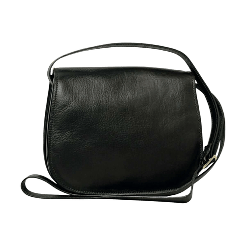 Borsa a tracolla nera in pelle con patta e tracolla regolabile