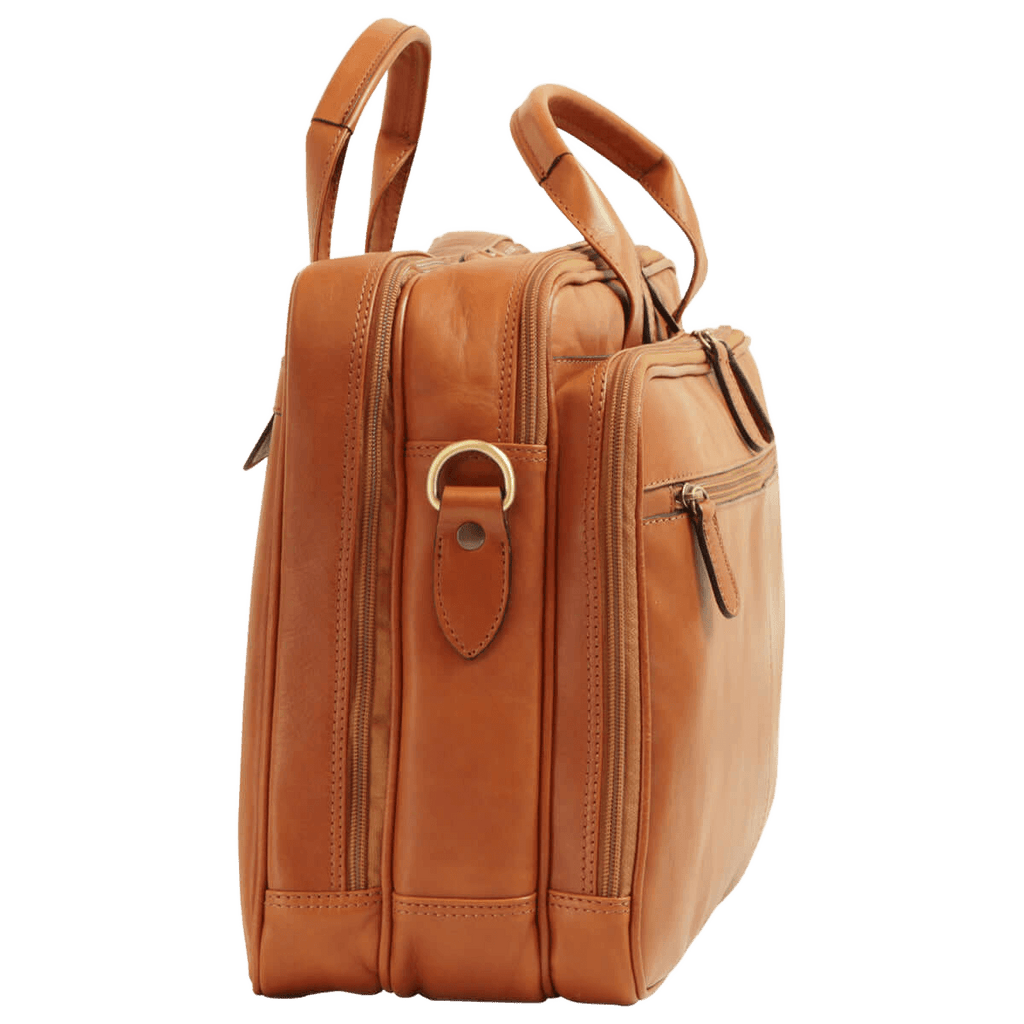 Borsa in pelle marrone con manici e tasca frontale con zip