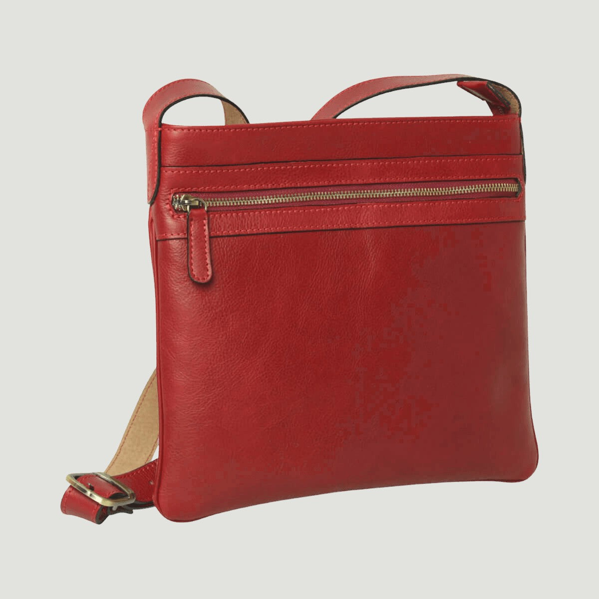 Borsa a tracolla grande in pelle rossa con zip frontale e tracolla in cuoio